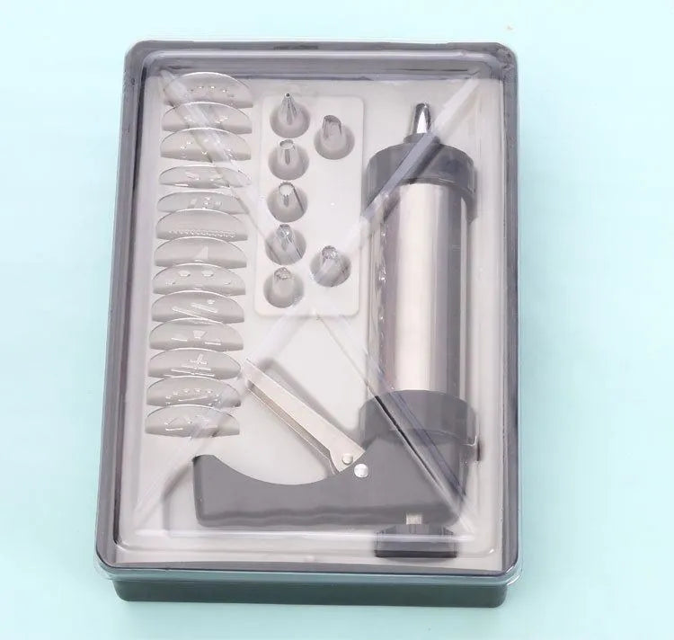 Stainless steel biscuit press cookie machine with 13 moulds and 8 piping nozzles in a colour gift box