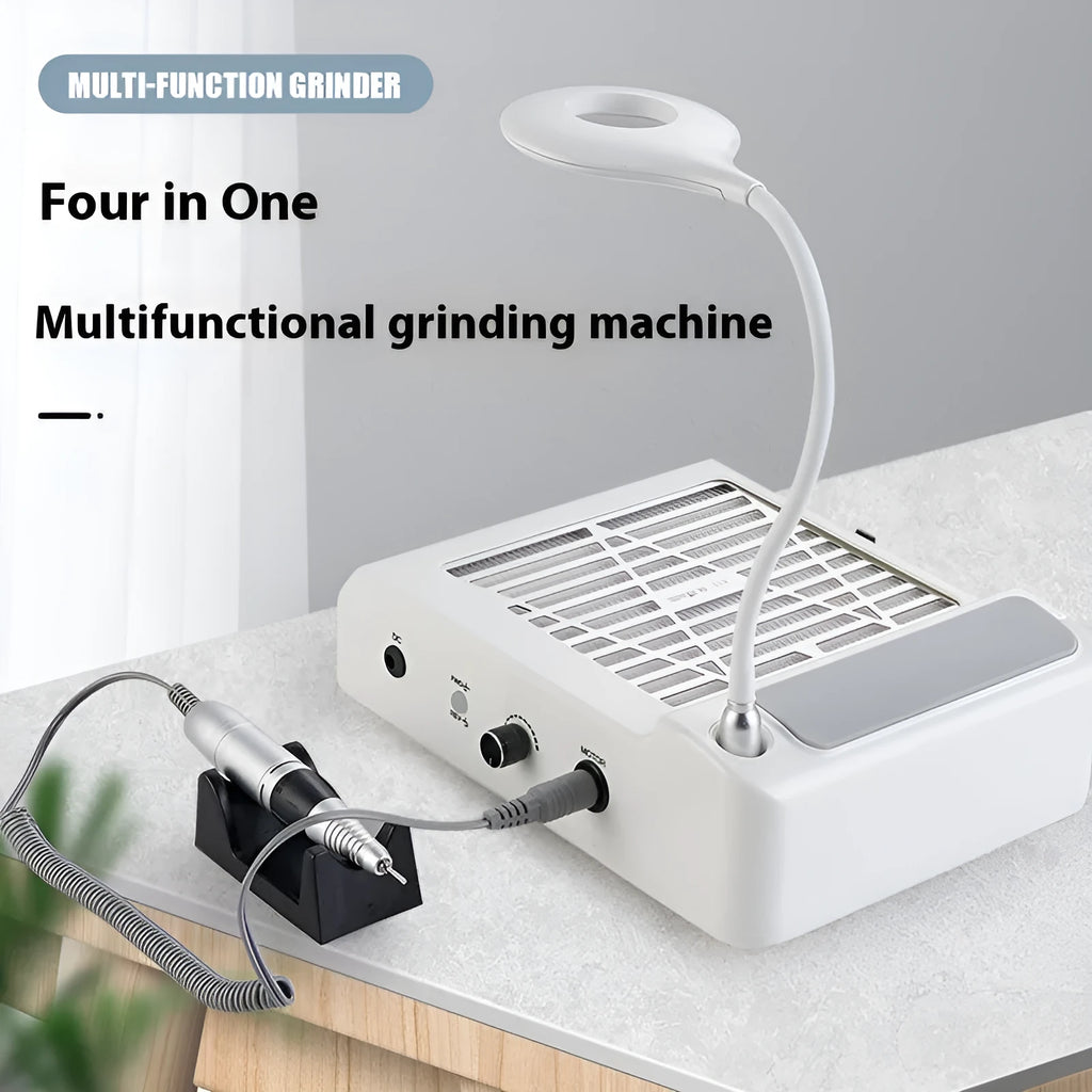 White electric nail polishing machine with built-in vacuum cleaner and four-in-one grinder functions