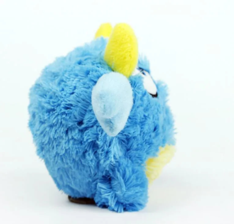 Monster dog toy with TPR spiky ball inside and squeaker, shown in green, blue, and rose red, 12cm and 6cm sizes.