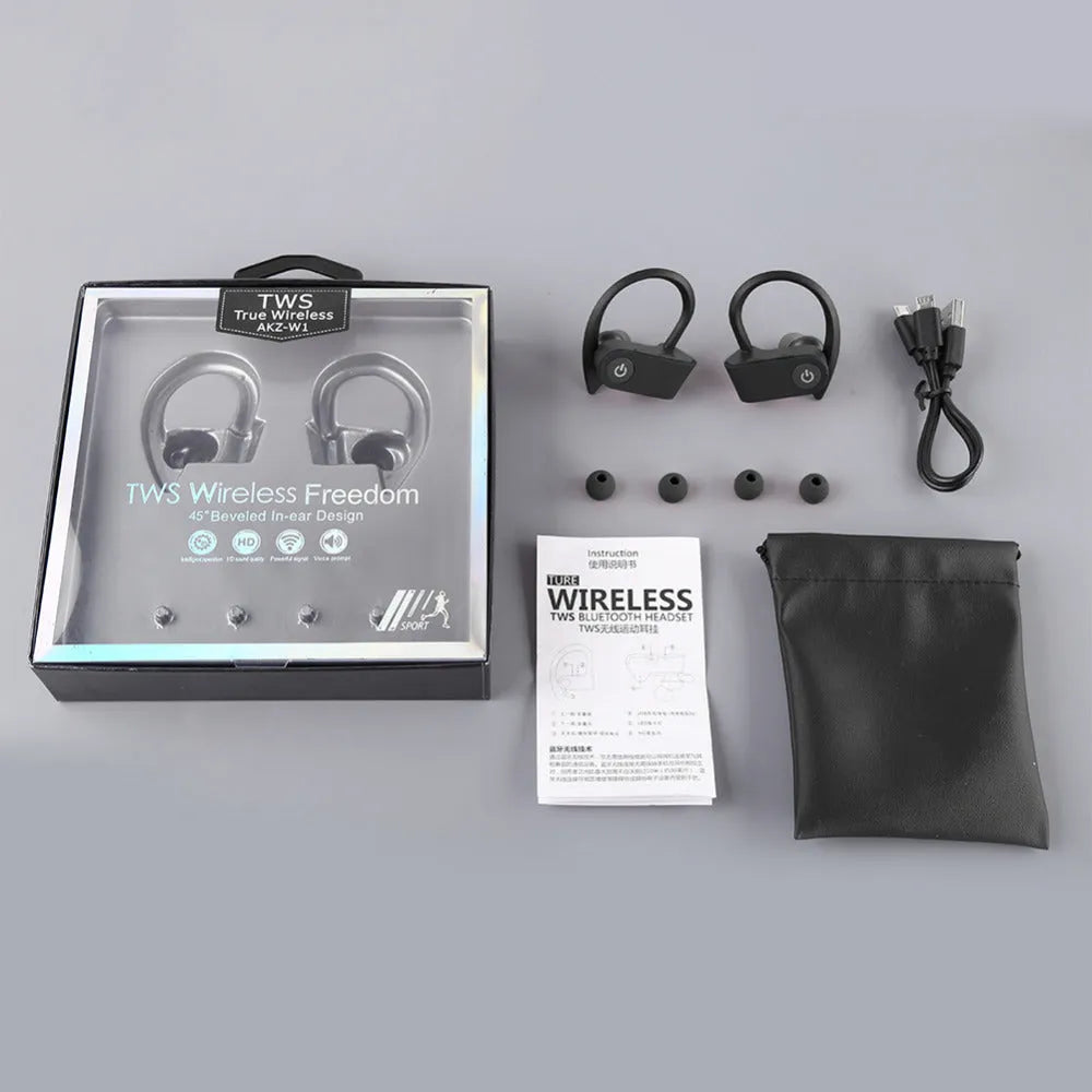 Black wireless V5.0 Bluetooth earphones with ergonomic silicone earpieces and charging case.