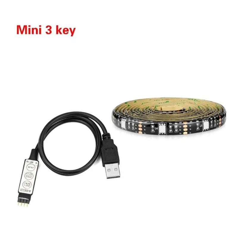 Flexible cuttable LED strip light with 30 beads per metre, bent to show adhesive backing for TV installation.