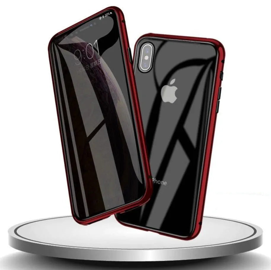 Closed black clamshell privacy case for iPhone showing front screen and sliding camera cover tabs.