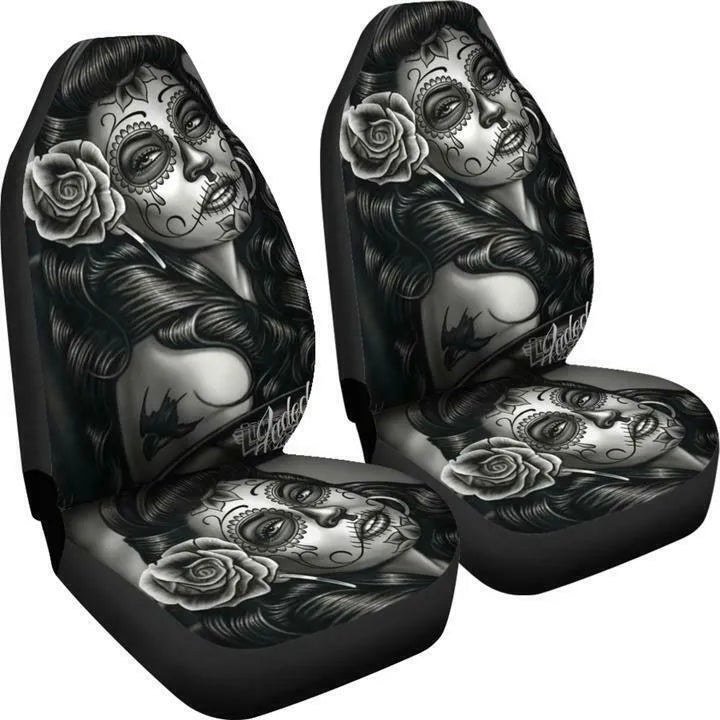 Black and white tattooed woman high back print car seat cover in fabric with ice silk finish, single or double seat option