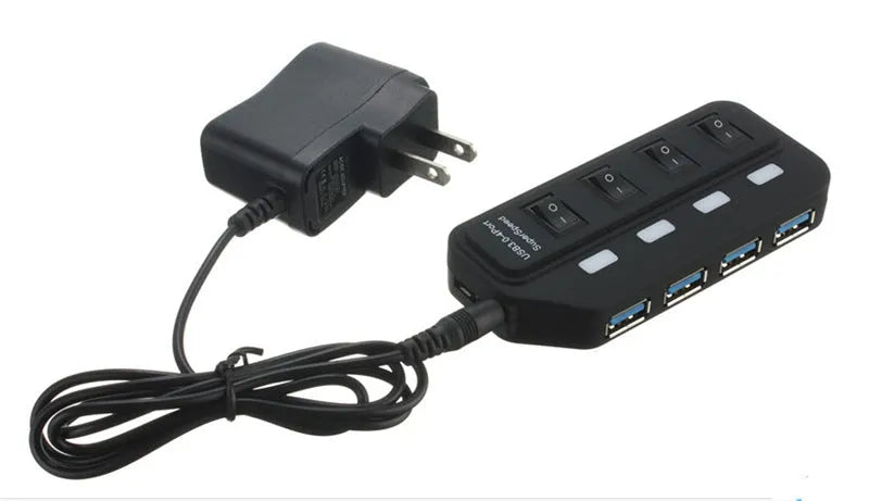 USB 4 interface hub with seven USB 3.0 ports and built-in overload protection, compact black design