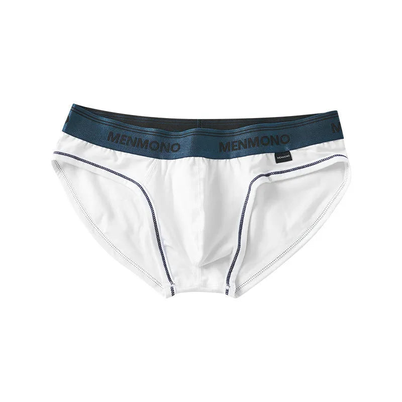 Men's low waist cotton briefs showing two-tone colour combinations including black/blue and white/red options