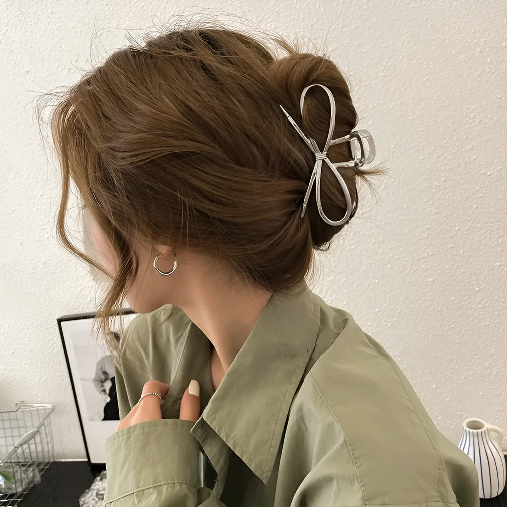 Korean style alloy bow barrette hair clip in gold or silver finish for women