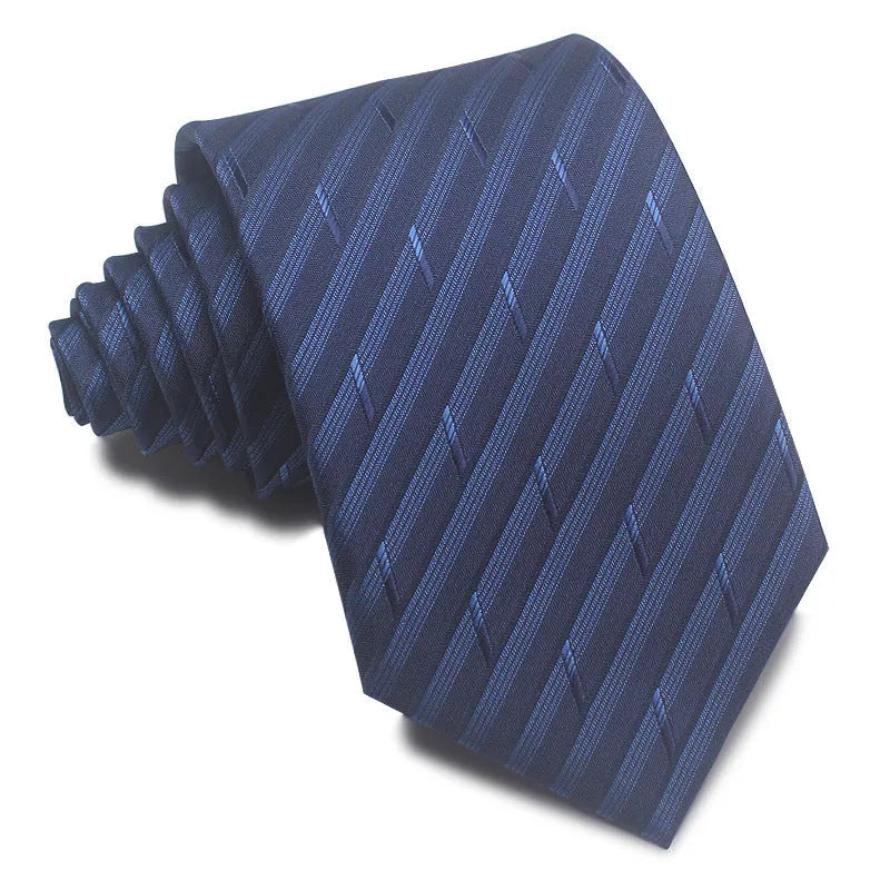 Men's striped jacquard business tie in red, showing arrow head shape and 8cm width.