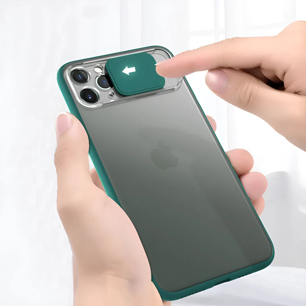 Lens sliding iPhone case in colour contrast design, showing black, green, pink, purple, and red options