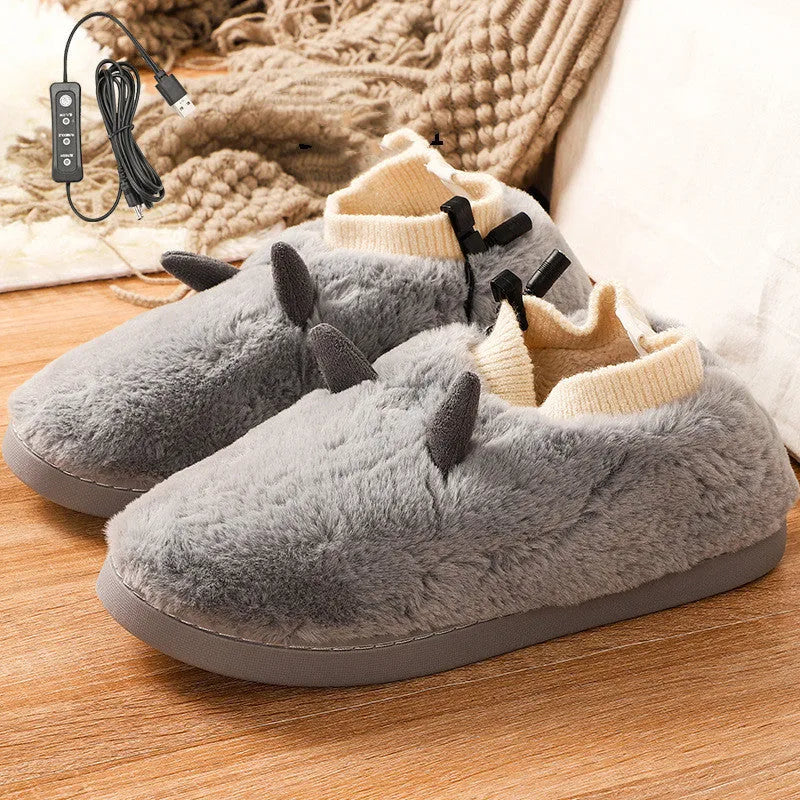 USB electric heating shoes in velvet with adjustable temperature control and plastic sole.