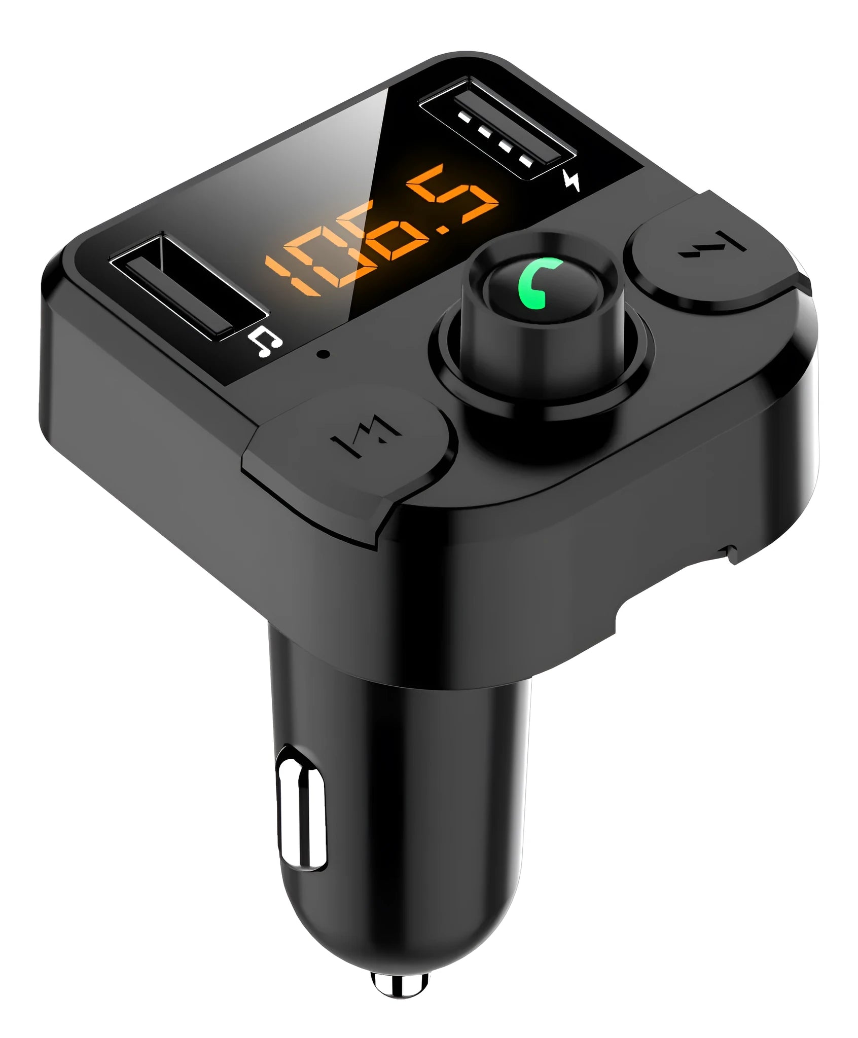 Black BT36B Bluetooth car MP3 player with 1.1-inch screen for cigarette lighter socket.