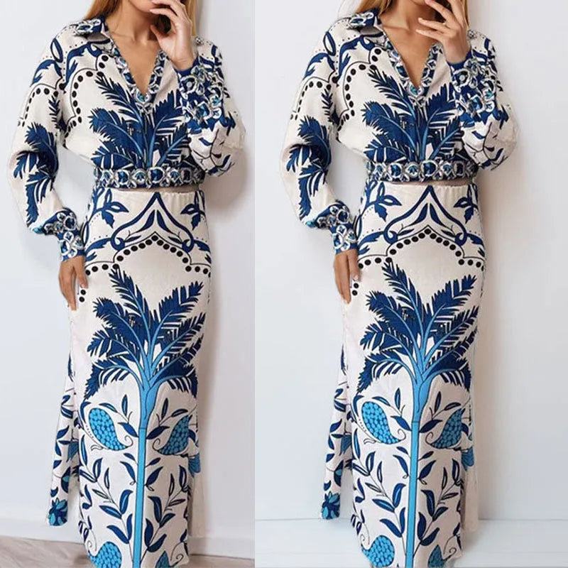 Women's early spring casual fashion set featuring a long sleeve top and long skirt in picture colour