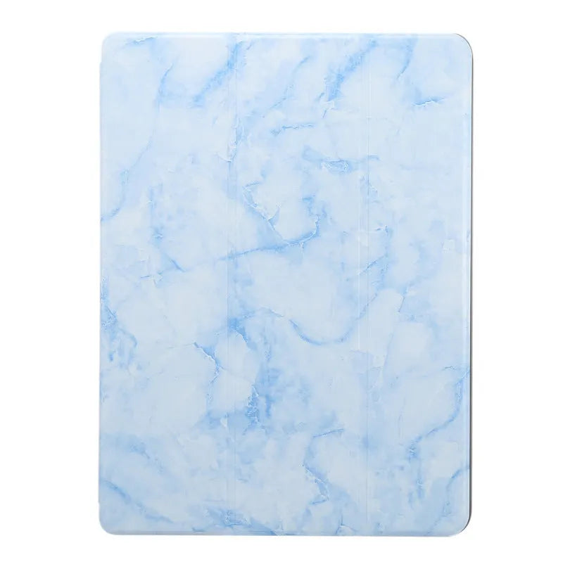 Tri-fold marbling design iPad case with pen slot in multiple colour options showing plane housing position