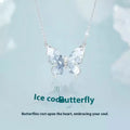 Close-up of a silver butterfly pendant on an adjustable O-ring chain, showing detailed wings and a 41-50 cm length.
