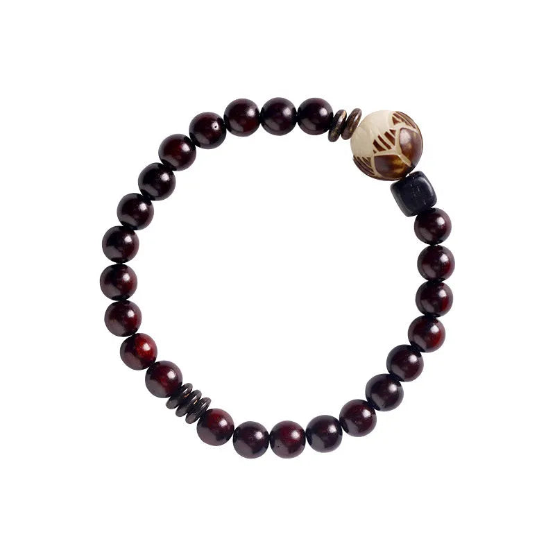 Natural rosewood retro bracelet with flower beads in knitted construction, showing both double circle and single circle colour options