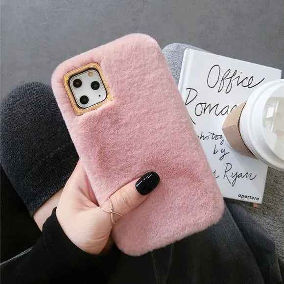 Rabbit plush iPhone case with silicone shell in apricot colour showing raised camera protection
