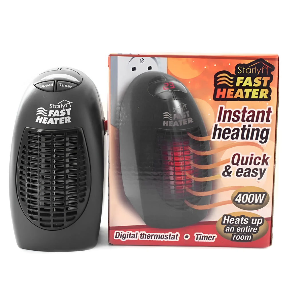 Small black ceramic electric heater with digital display and a rotating plug on a desk.