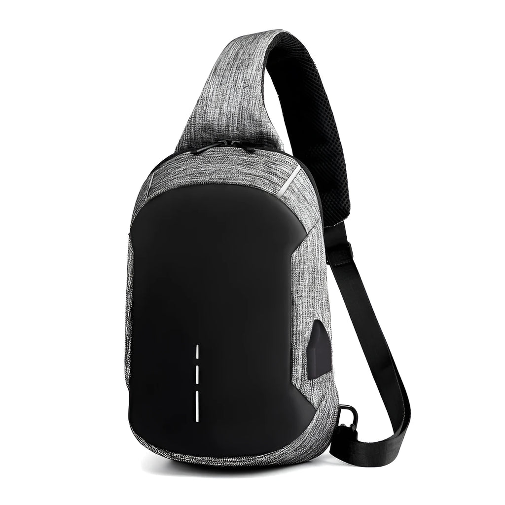 Dark blue waterproof oxford chest bag with adjustable strap, showing front zipper and compact square shape.