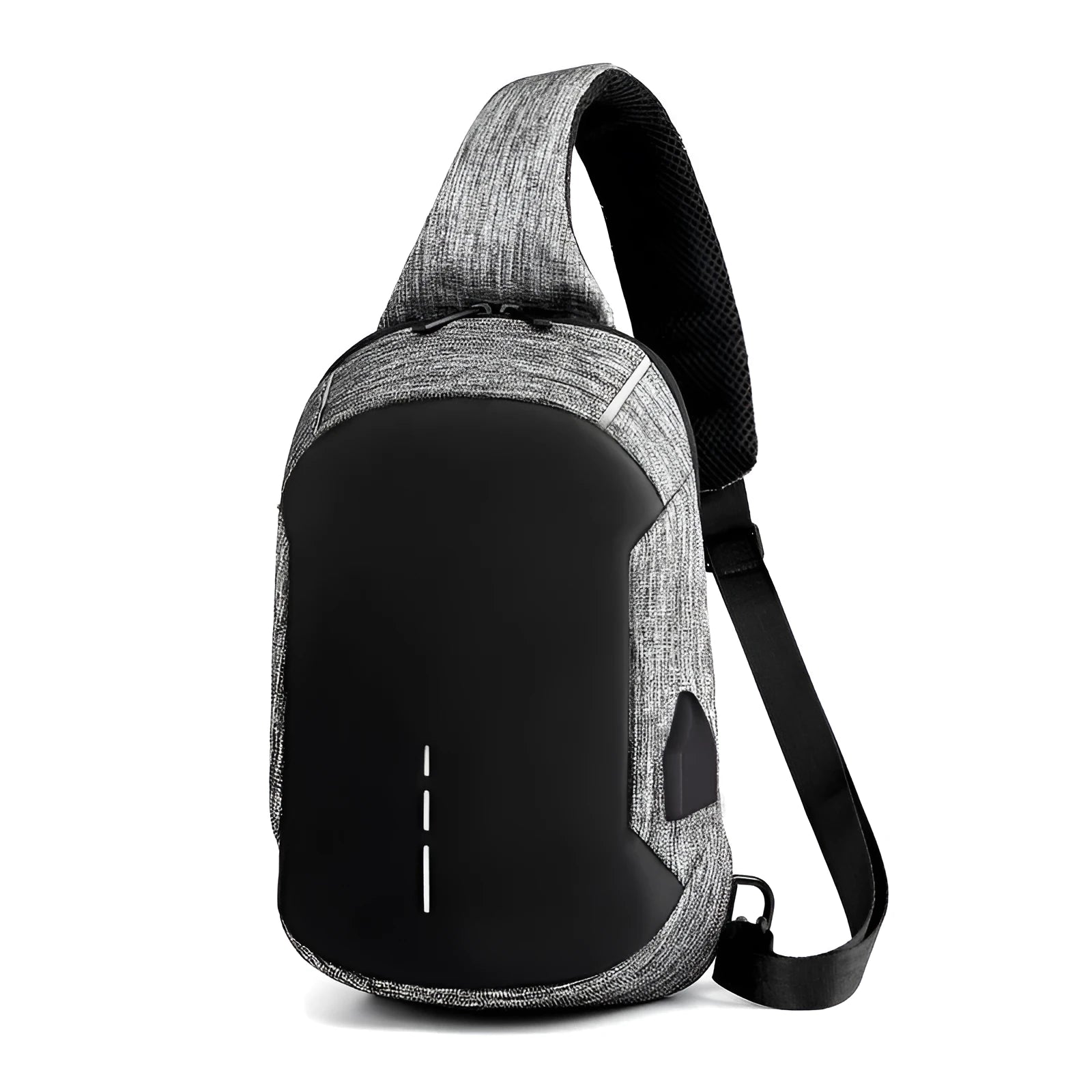 Dark blue waterproof oxford chest bag with adjustable strap, showing front zipper and compact square shape.