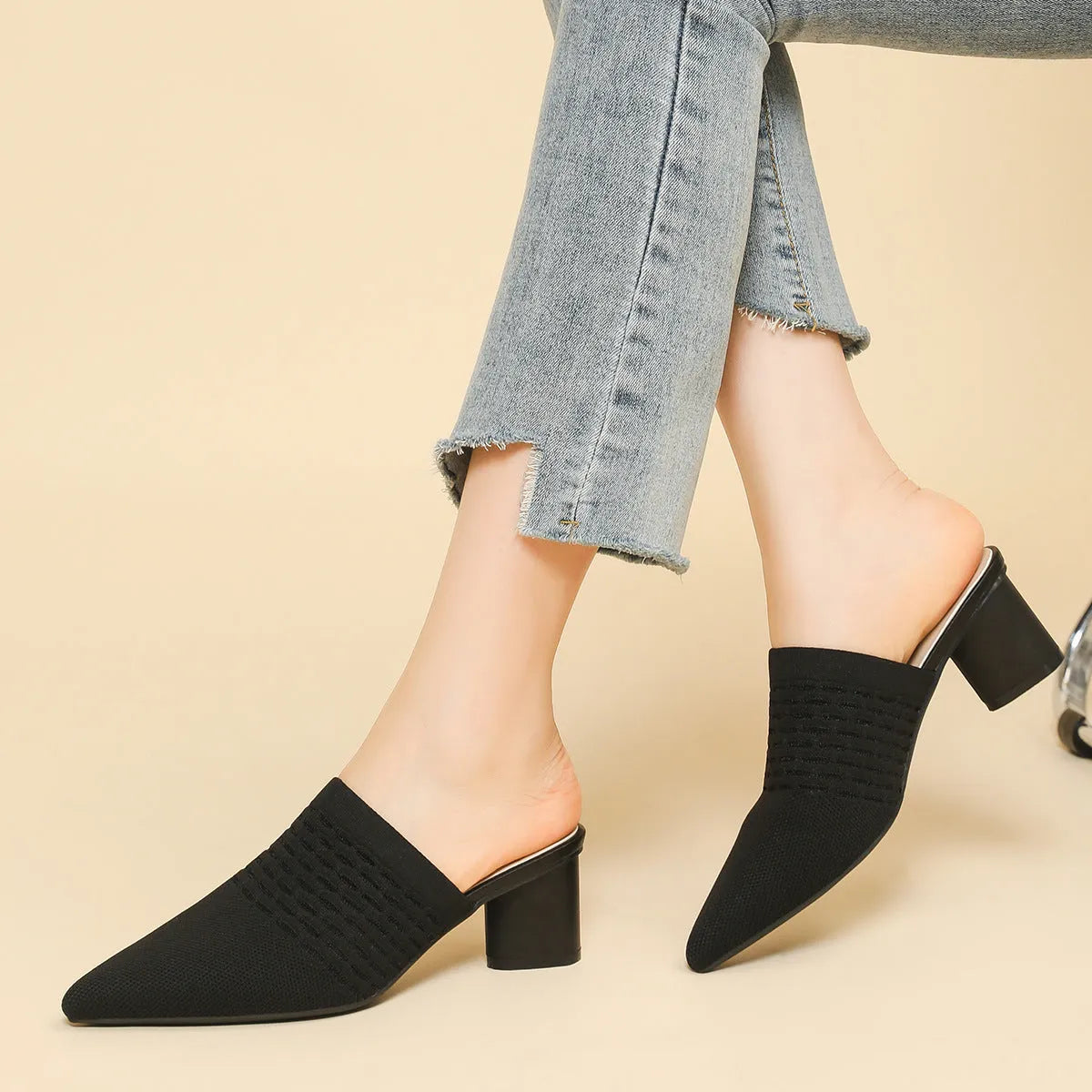 Pointed toe cap sandals with chunky 5cm heel in a selection of fishing line colours.