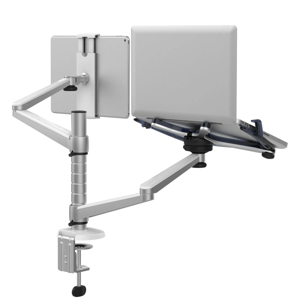Silver aluminium alloy double-arm laptop stand with 310mm column height and clip-on desk mount