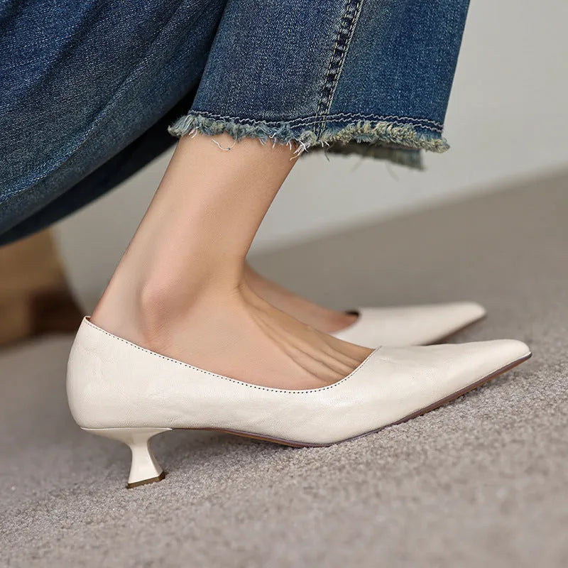 Women's solid colour pointed-toe mid heel pumps with cowhide upper, sheepskin lining, 3CM stiletto heel, rubber sole