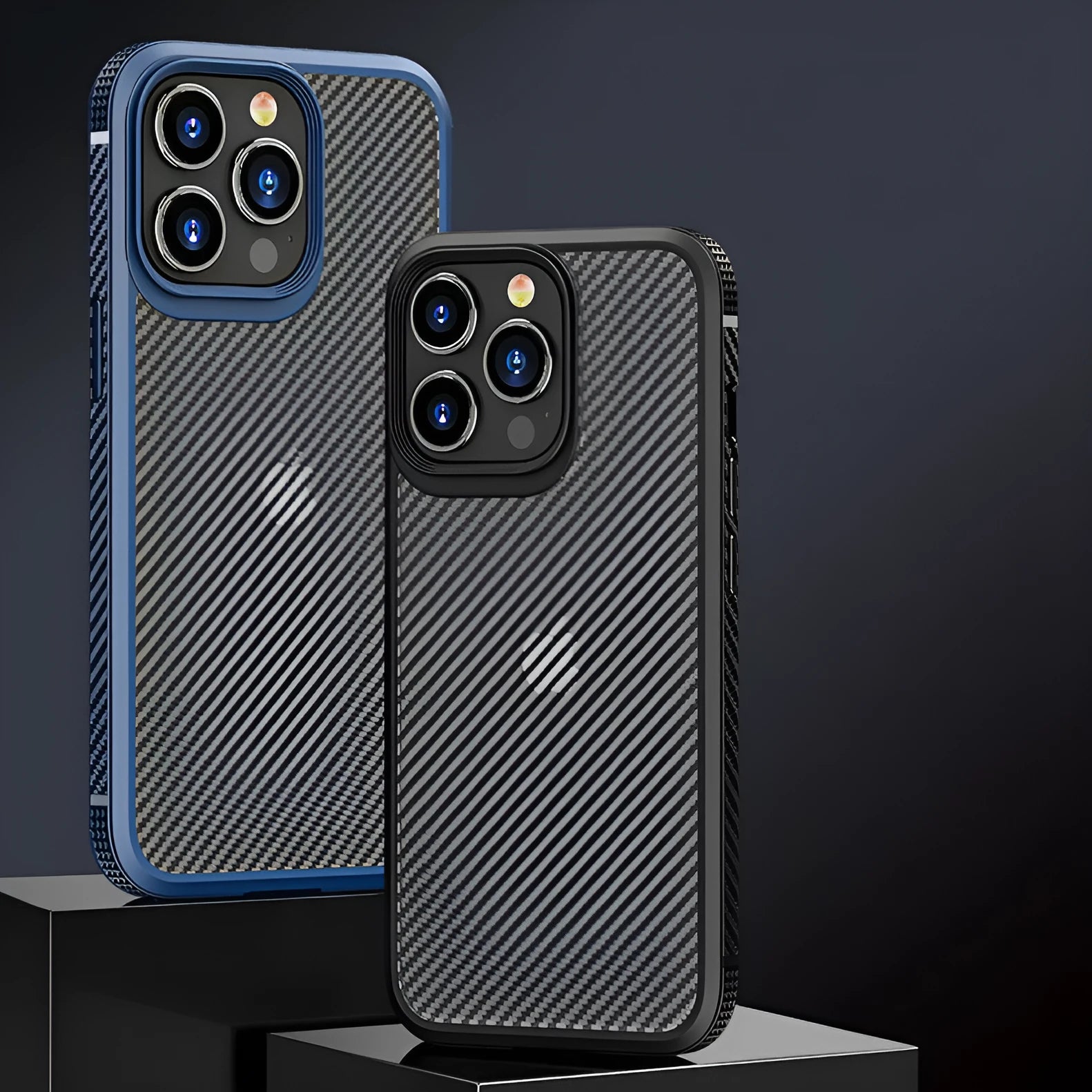 Black and blue anti-fall protective phone cases for iPhone 13 series with carbon fibre pattern.