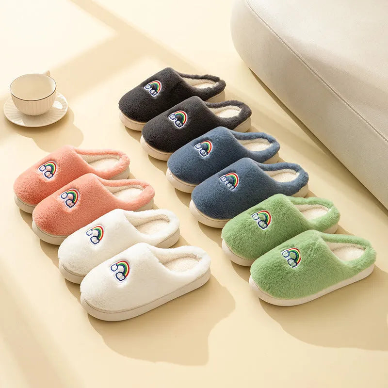 Kawaii rainbow embroidered warm plush slip-on slippers with rubber sole round toe indoor home footwear