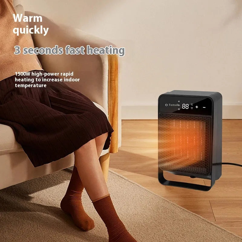 Black desktop warm air blower heater with touch screen digital display and remote control on a wooden desk.