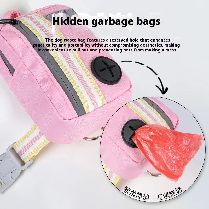 Pink explosion-proof anti-strangulation dog harness with quick-release buckle and attached lead on a dog.
