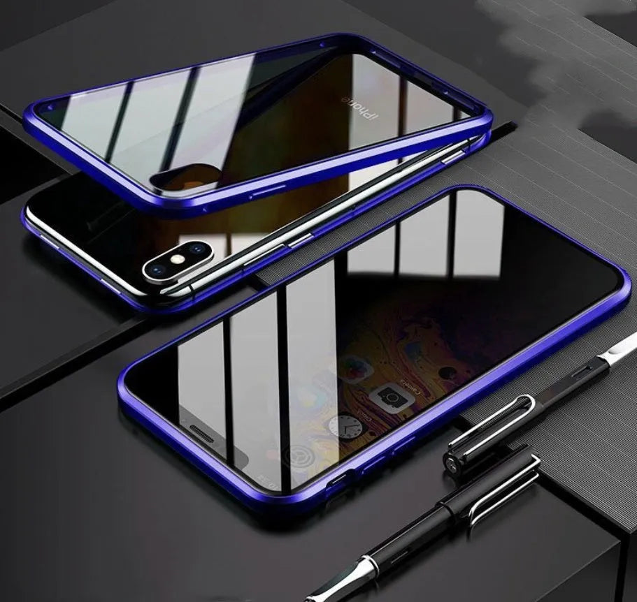 Closed black clamshell privacy case for iPhone showing front screen and sliding camera cover tabs.