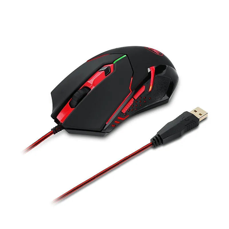 Black and red wired USB gaming mouse with six buttons and ergonomic shape on a desktop.