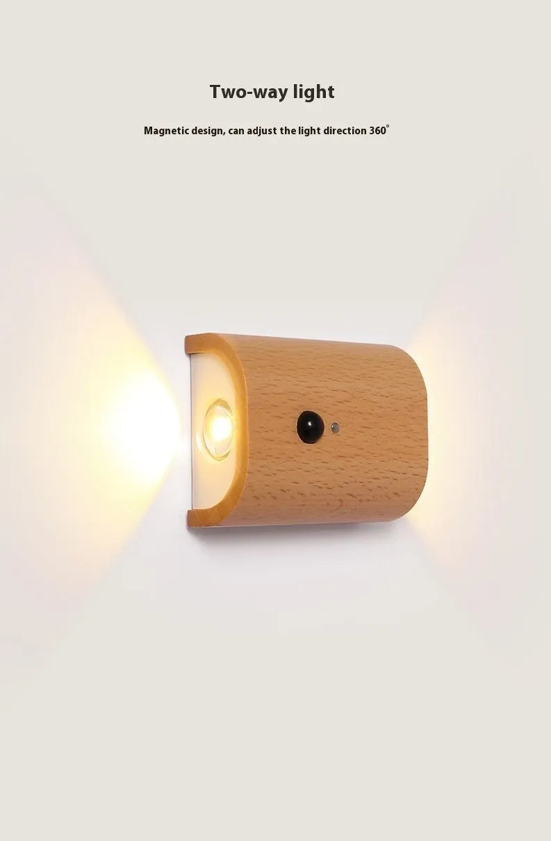 Solid wood pattern linkage human body induction LED light with warm white glow, Sapele finish