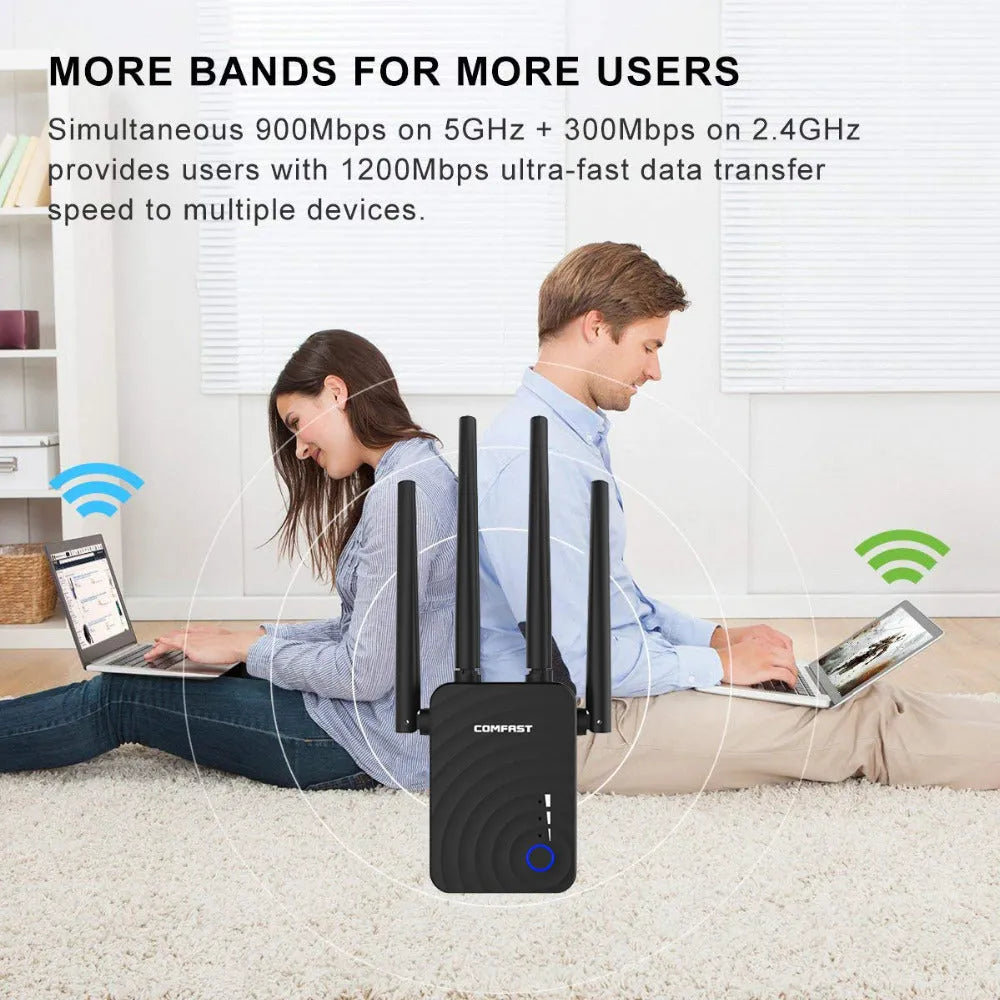 Dual-band AC1200 wireless relay router with four 3dBi antennas, four RJ-45 ports, black or white