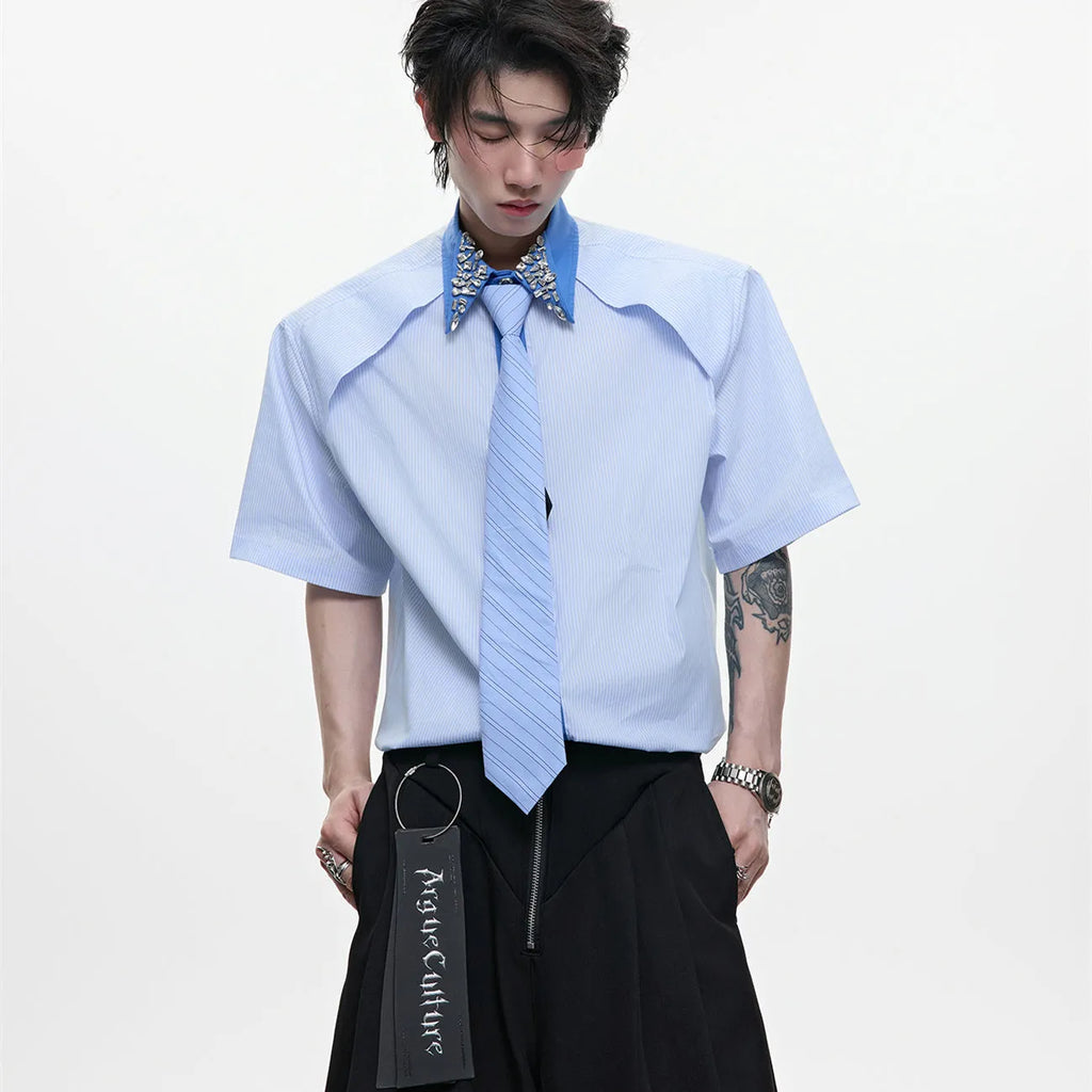 Men's diamond tie dual-colour patchwork striped shirt in loose fit with flip collar