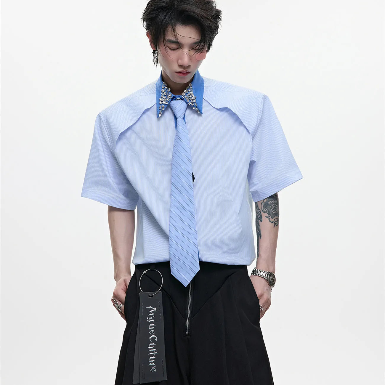 Men's diamond tie dual-colour patchwork striped shirt in loose fit with flip collar