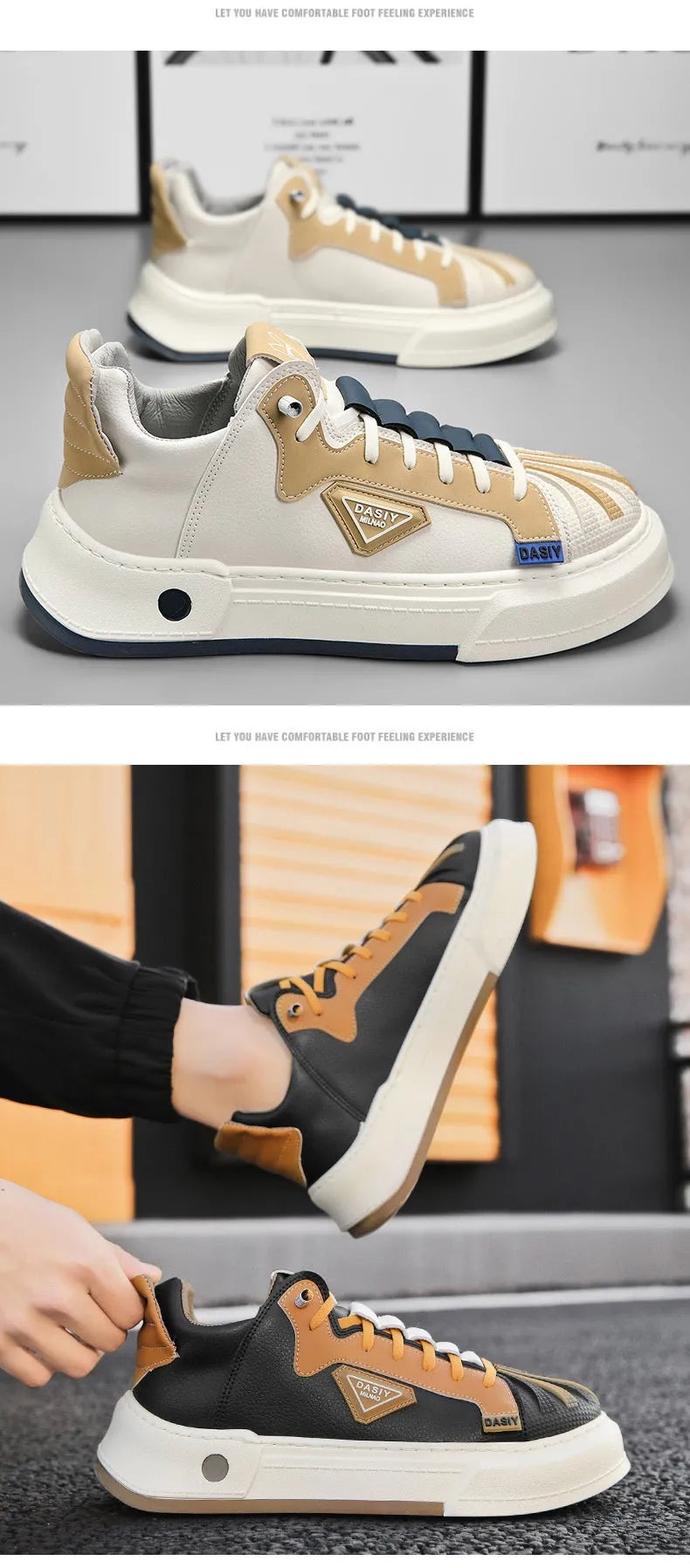 Men's beige low-top casual slip-on shoes with elastic band and leather stitching.