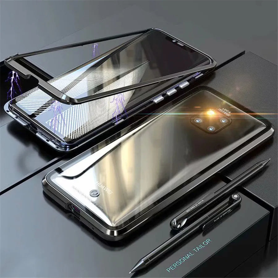 Magnetic metal phone case with tempered glass back for Huawei smartphones showing magnetic attachment points