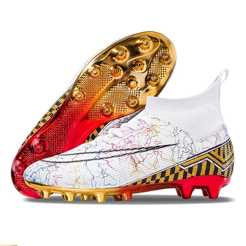 Men's white high-top synthetic leather soccer training shoes with gold plated sole on artificial grass.