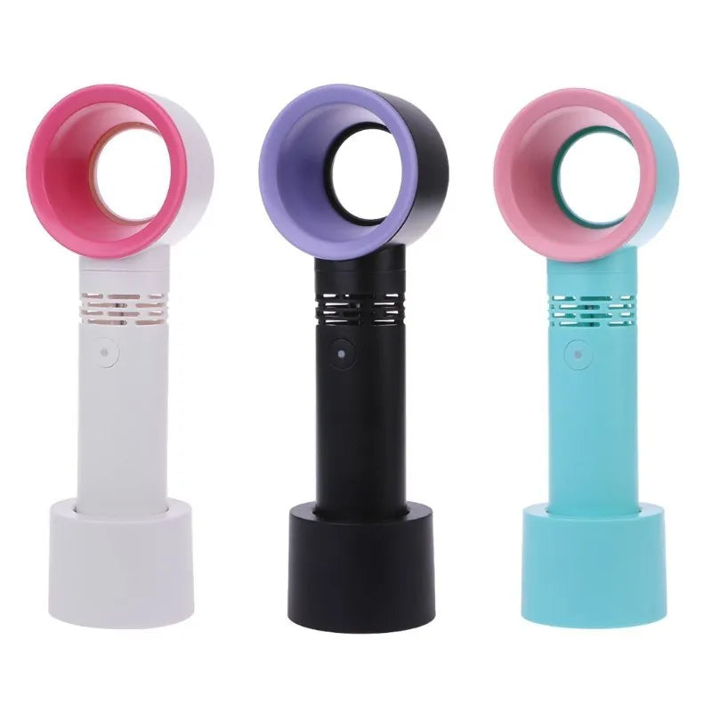A compact USB rechargeable bladeless portable fan in various colours on its base.