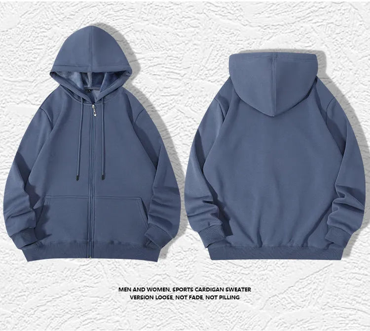Men's plus size heavyweight zipper hooded sweater cardigan in beige colour showing front zipper and hood