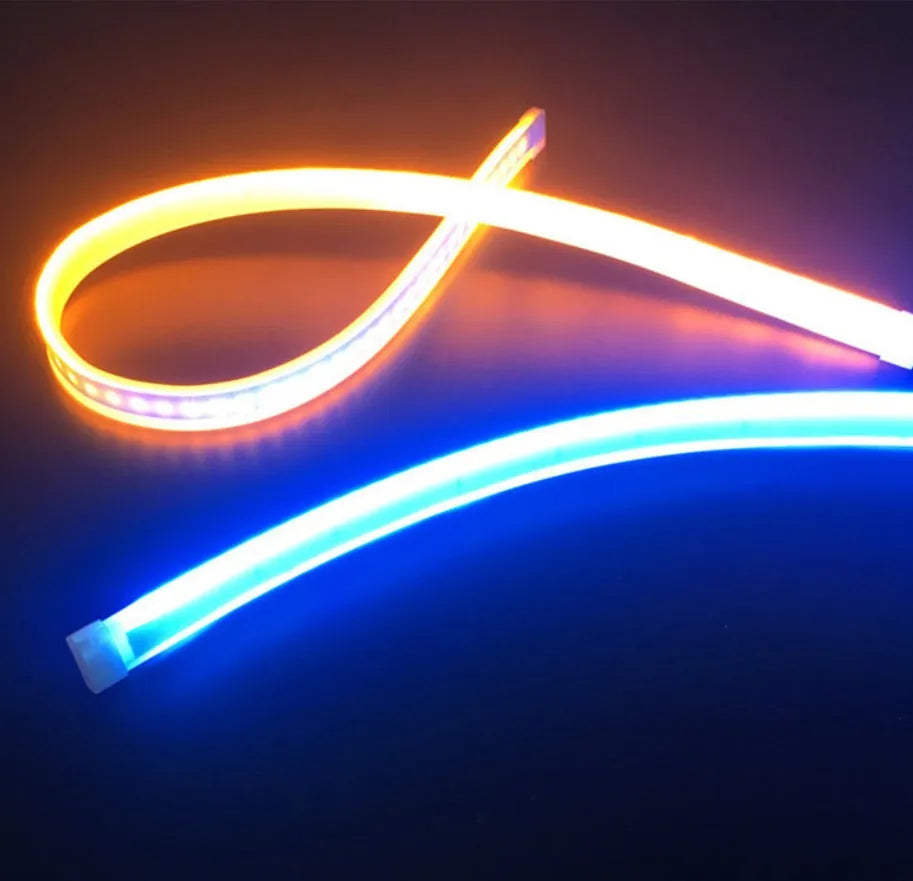 60cm ultra-thin car LED tear light guide strip in white yellow two-colour mode on a dark background