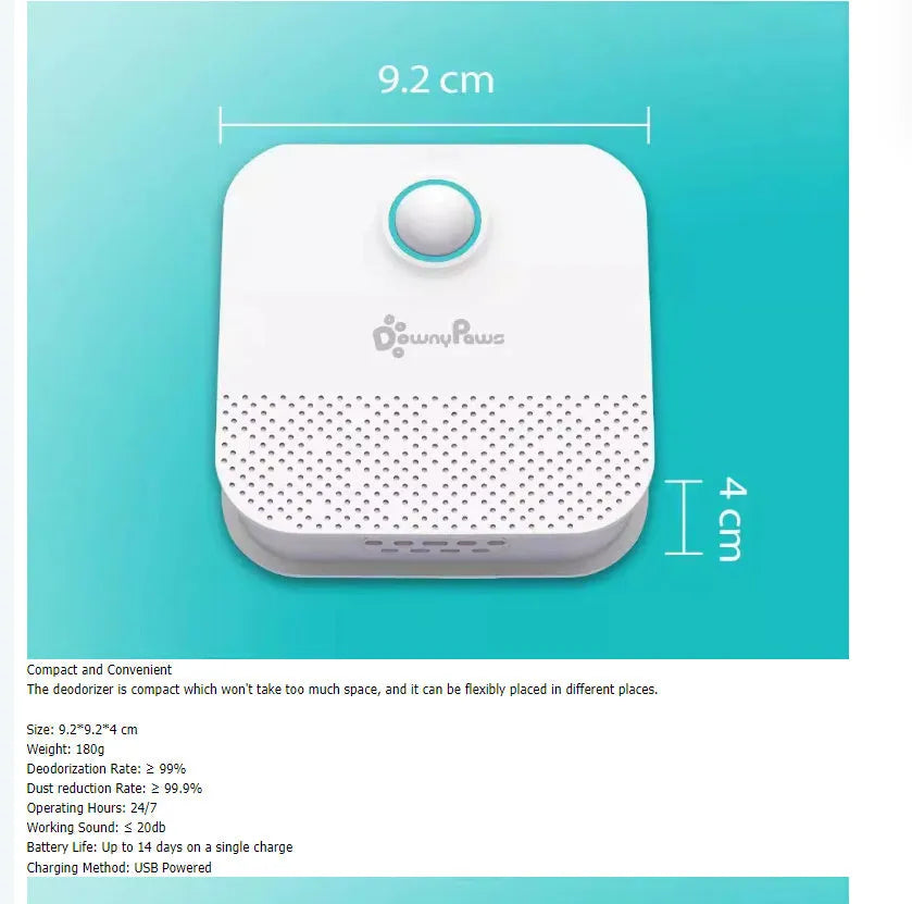 DownyPaws white smart cat odour purifier showing compact 9.2cm square design for litter boxes.