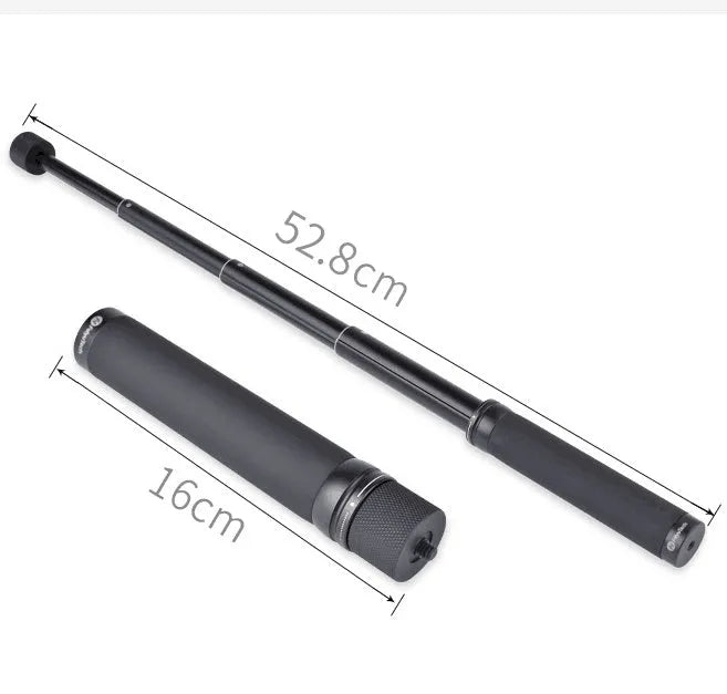Black retractable aluminium selfie stick with Bluetooth remote, extended as a hand-held stabilizer.
