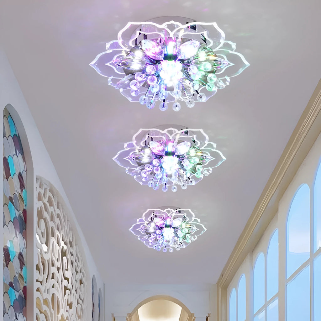 Modern flower-shaped crystal and acrylic ceiling lamp with stainless steel fittings.