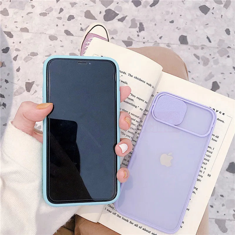 Frosted frame lens silicone phone case for iPhone in a choice of pure colours including blue, pink, and black.