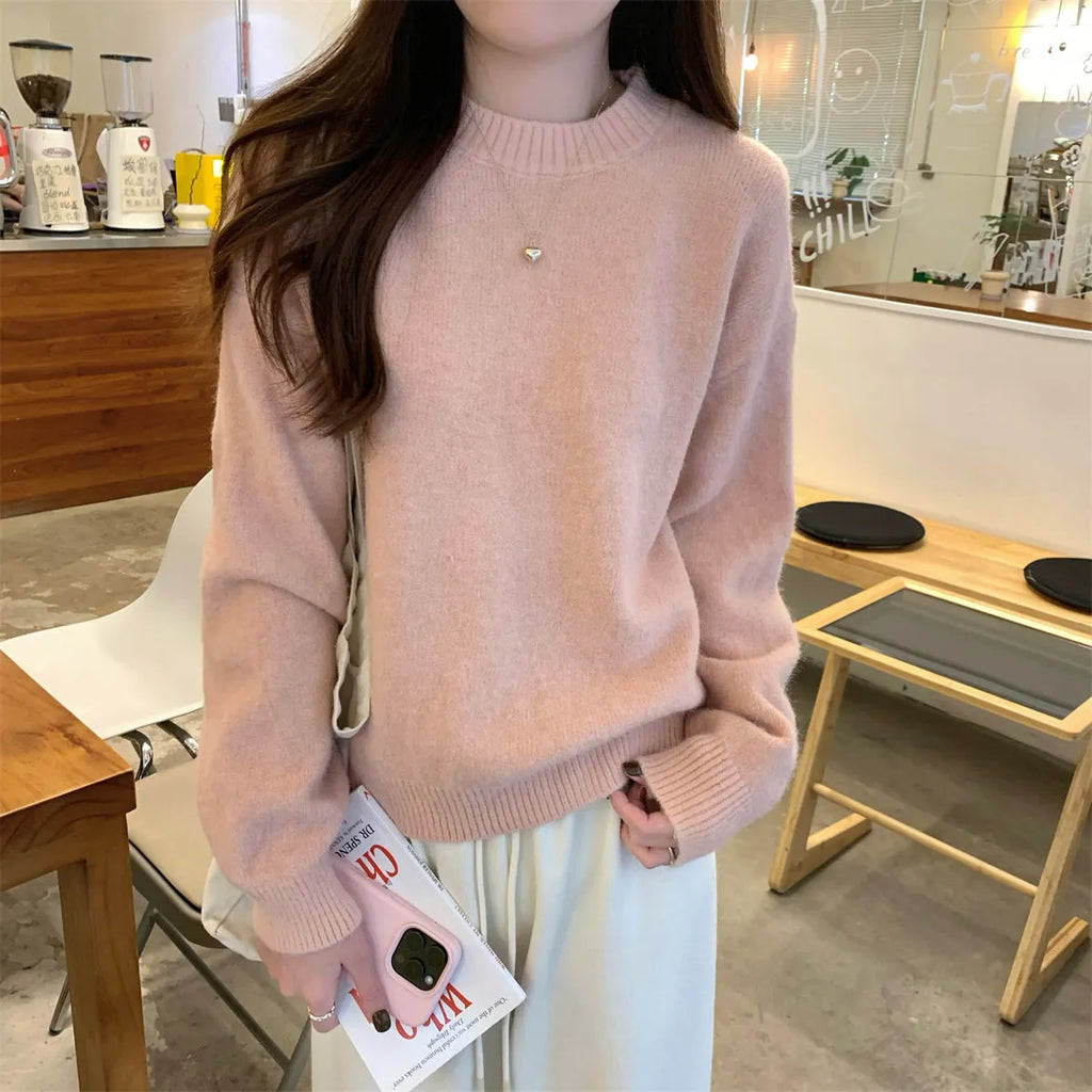 Korean style soft glutinous loose drop-shoulder sleeve sweater in candy colour, solid pattern with wavy elements, acrylic fibre