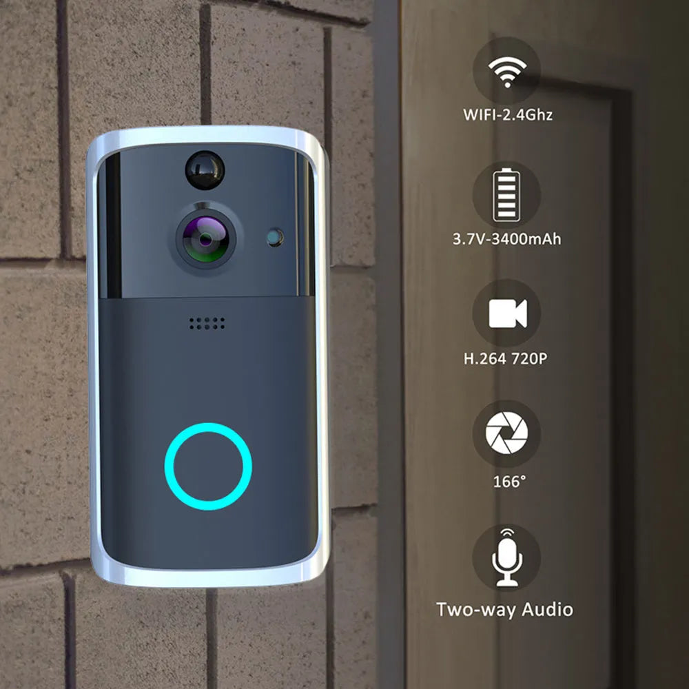 WiFi video doorbell camera in black with PCB material construction, two-way intercom, and infrared night vision