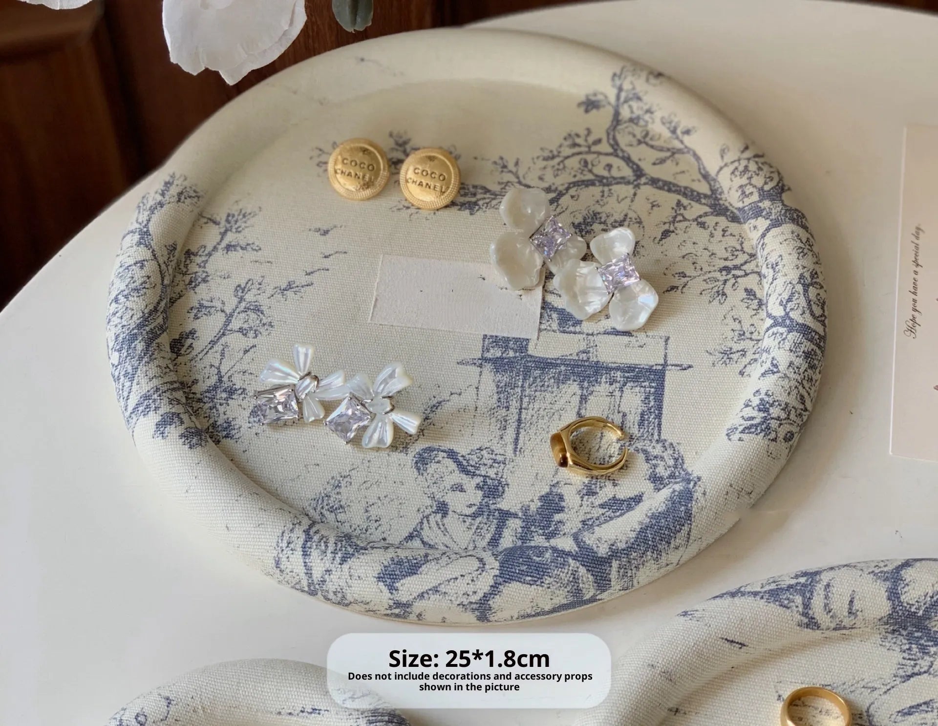 Retro fabric MDF jewellery tray in French manor style with bracelet and necklace