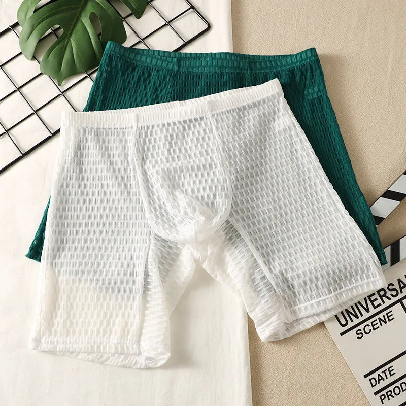 Men's solid colour lace boxer shorts with hip lifting shaping design