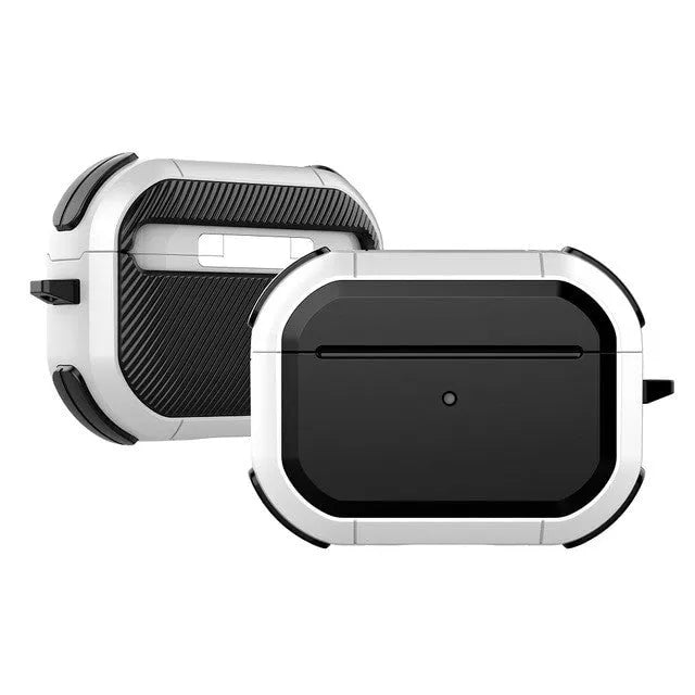 Black TPU and PC protective case for Apple AirPods Pro and AirPods 1/2 models on a white background.